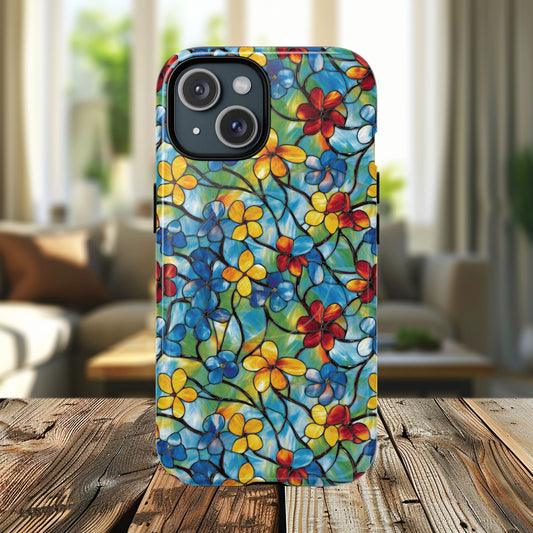 Vivid Bloomscape Tough Magnetic iPhone Case, Durable iPhone Cover, Gift for Her, Spring Accessories, Unique MagSafe Accessory, Mosaic iPhone Pattern.