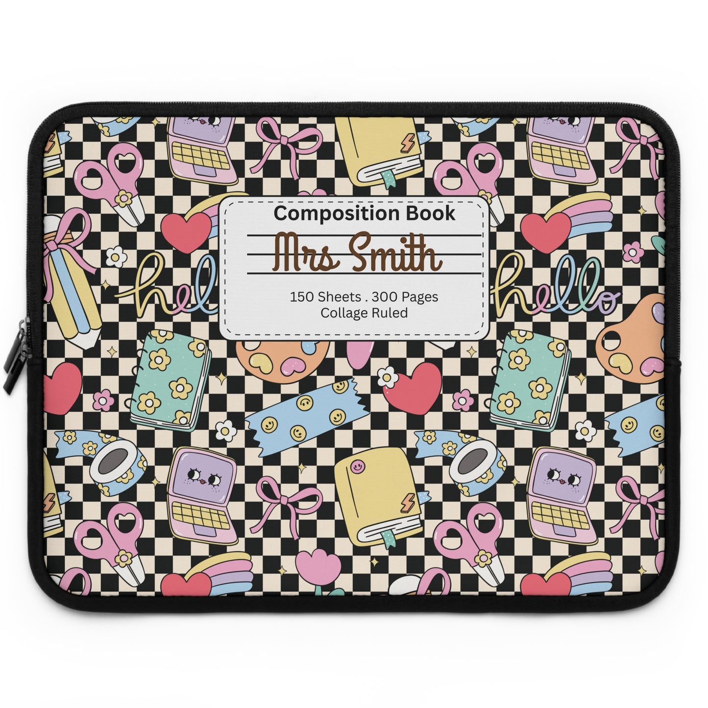 Personalized Black Doodle Daydream Laptop Sleeve with Composition Book Inspired Design, Customizable Tech Case, School Supplies, Gift for Students, College Essentials, Back to School