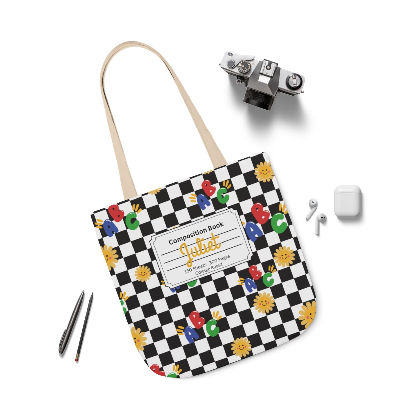 Personalized Schoolyard Chic Composition Book Inspired Canvas Tote Bag with Colorful Straps, Cute School Bag, Eco-Friendly Tote, Back to School Shopping Bag, Teacher Gift Idea