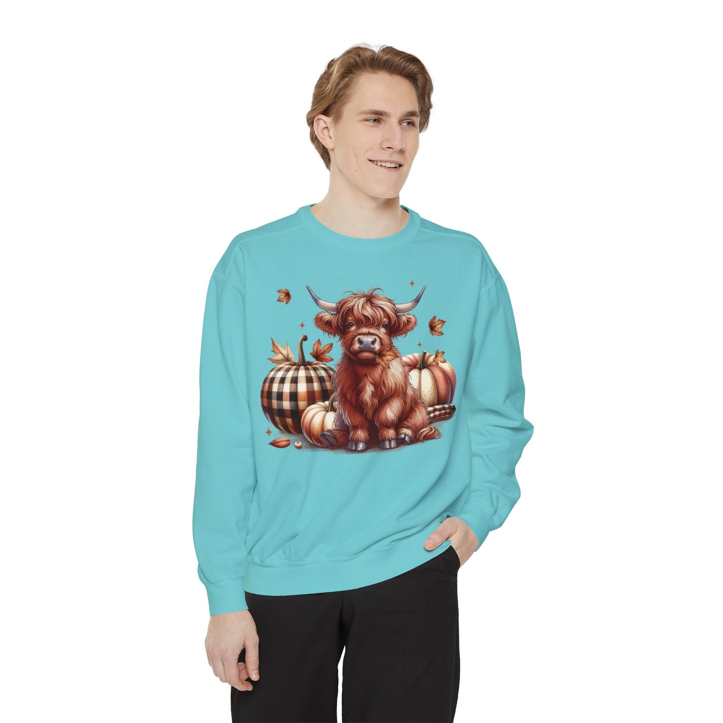 Autumn Highland Cow Charm Unisex Garment-Dyed Sweatshirt