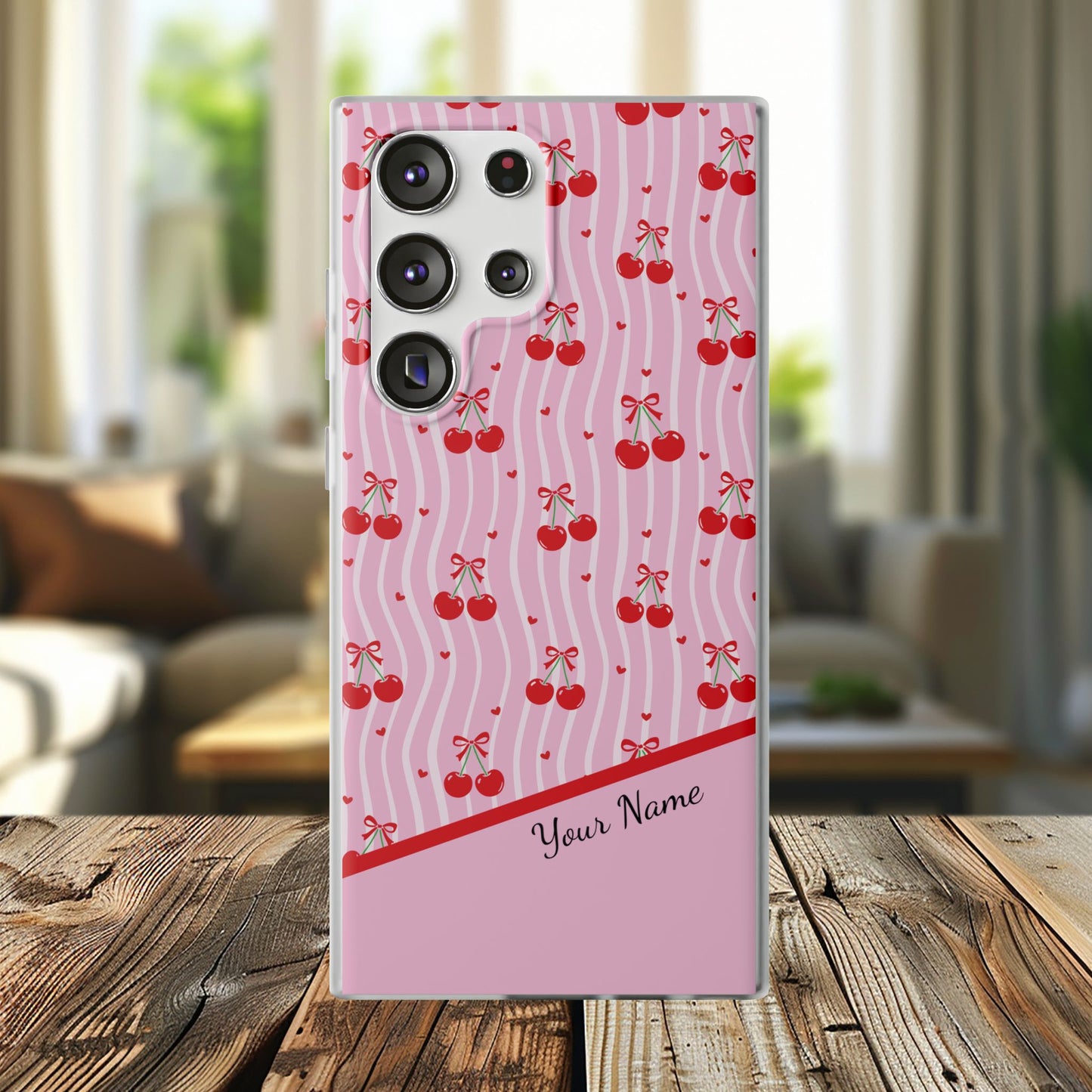 Personalized Cherry Blossom Dreams Flexi Case — Pink Retro Cherry iPhone® 7/8, 11, 12, 13, 14, 15, 16, 17, X/XS, SE, XR, Mini, Pro, Pro Max, Plus Cases.