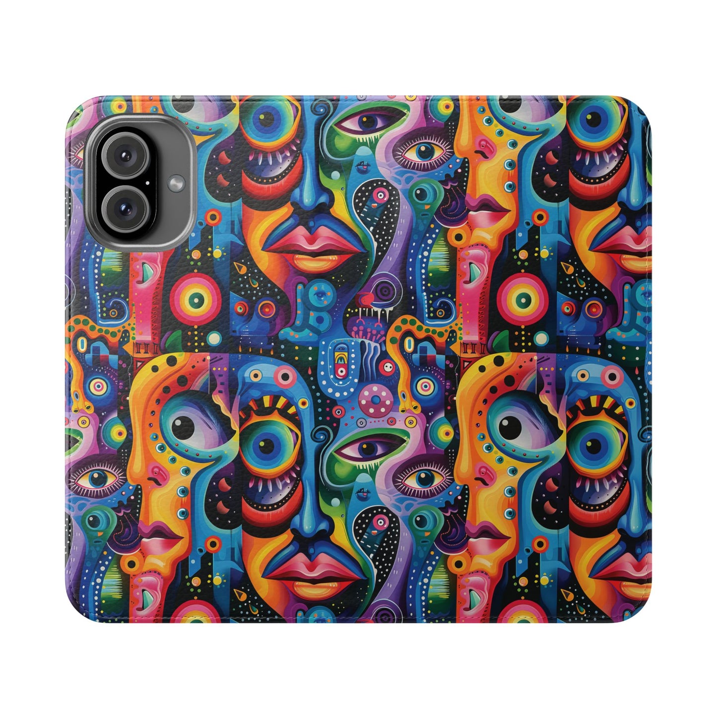 Psychedelic Visions Vibrant Art Flip iPhone and Samsung Phone Case - Colorful Faces Design for Phone Protection