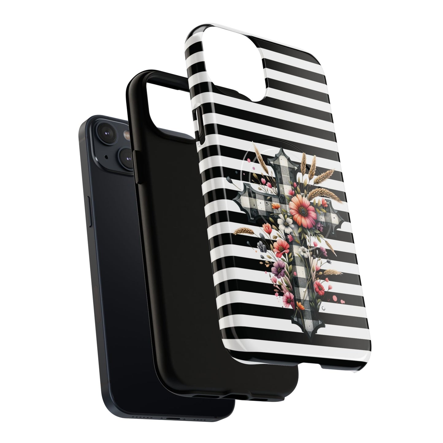 Grace in Bloom Tough Magnetic iPhone Case with Floral Cross Design, Boho iPhone Cover, Striped iPhone Case, Unique Religious Gift, Trendy Cell iPhone Accessory.