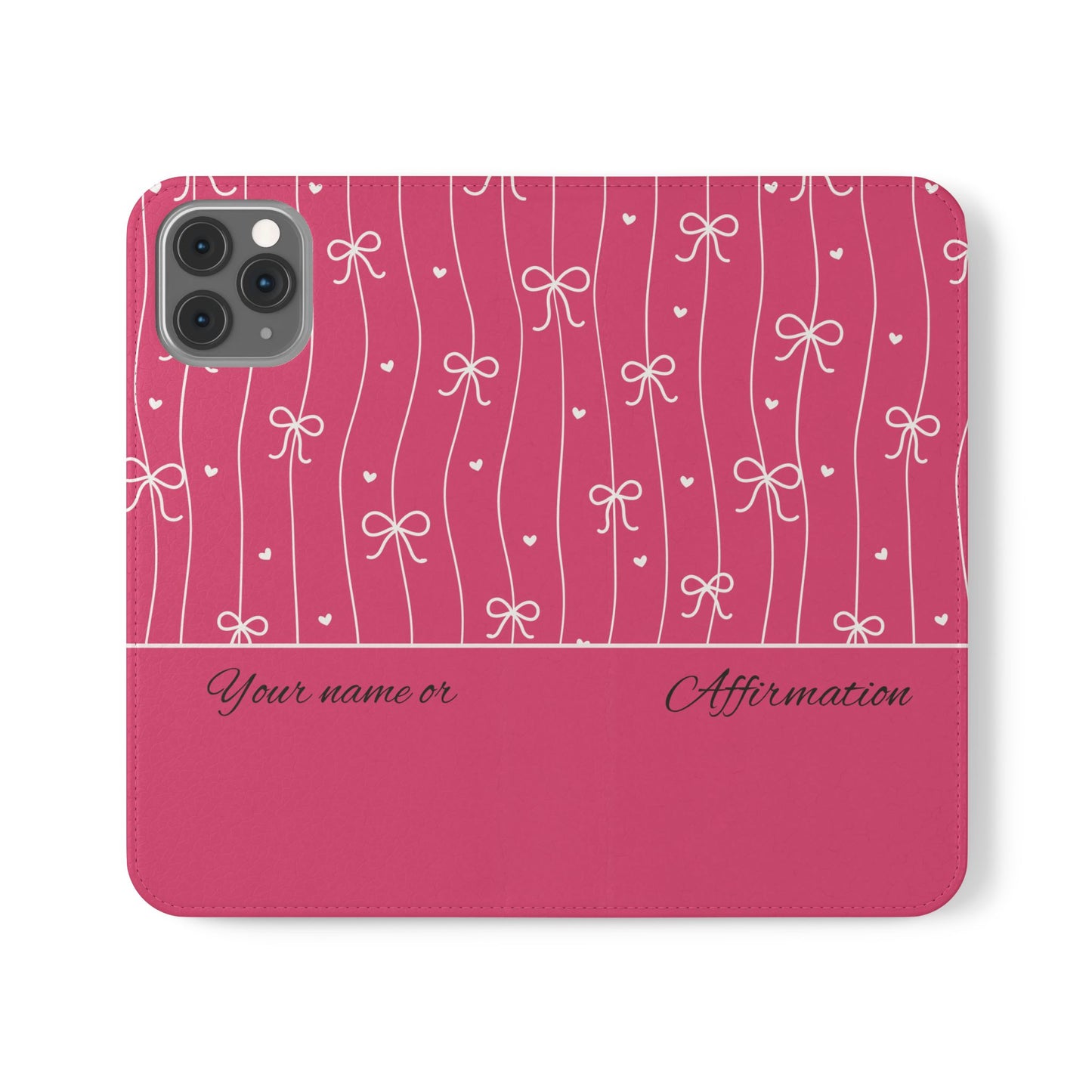 Personalized Pink Bow Coquette Flip iPhone and Samsumg Case — Custom Name or Affirmation Wallet Cover