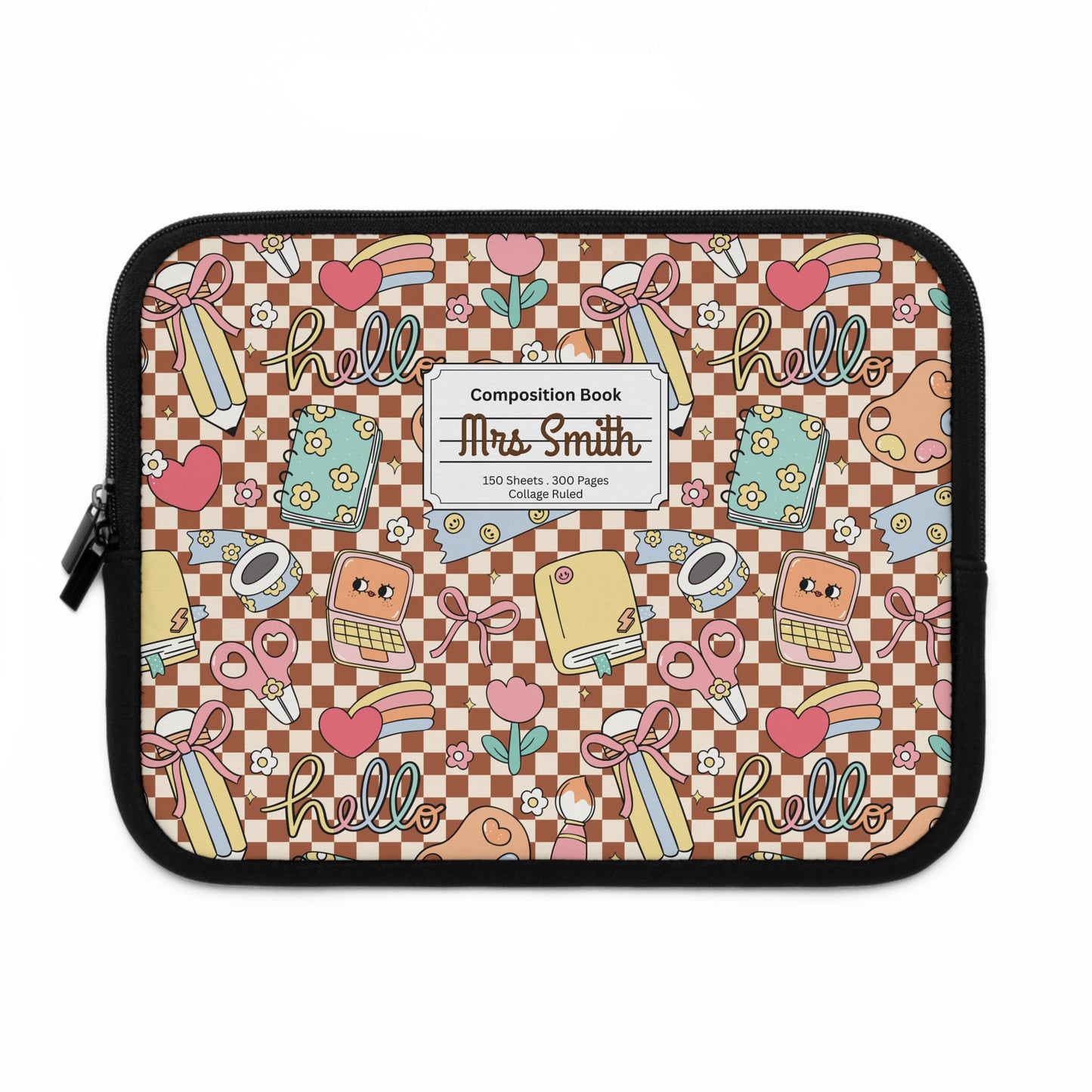 Personalized Brown Doodle Daydream Laptop Sleeve with Composition Book Inspired Design, Customizable Tech Case, School Supplies, Gift for Students, College Essentials, Back to School