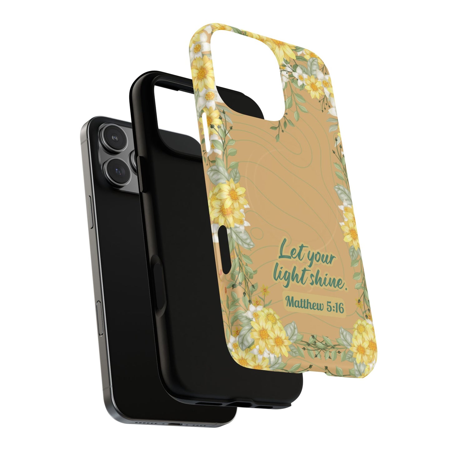 Let your Light Shine Matthew 5:16, Inspirational Gift, Tough iPhone Magnetic Case Scripture, Floral Bible Verse, MagSafe® iPhone® Tough Case, iPhone 14, iPhone 15, iPhone 16, Pro, Pro Max, Plus.