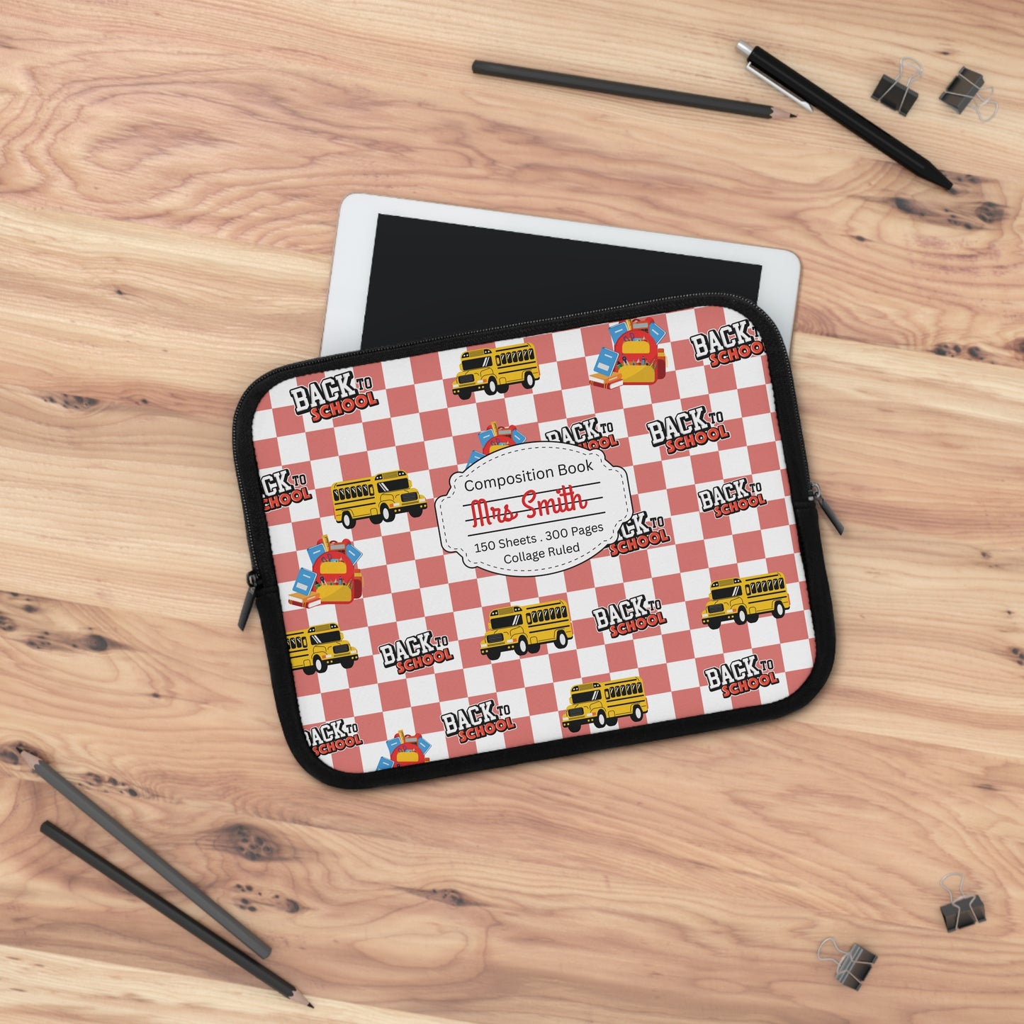 Personalized Red SchoolYard Chic Laptop Sleeve with Composition Book Inspired Design, Customizable Tech Case, School Supplies, Gift for Students, College Essentials, Back to School