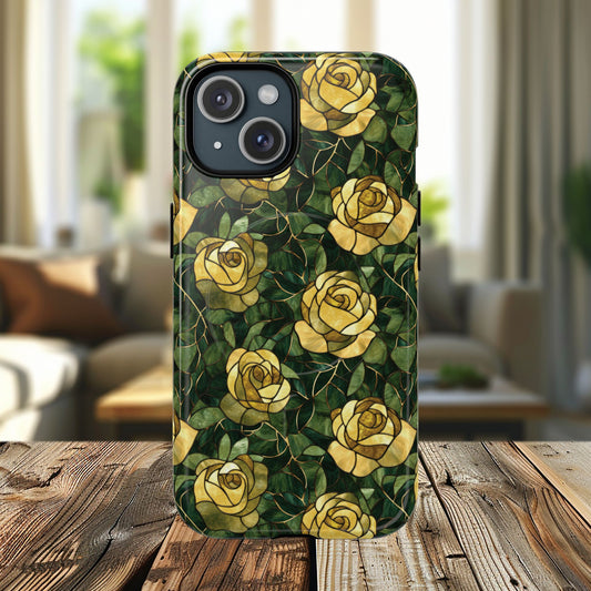Golden Bloom Stained Glass Tough iPhone Magnetic Case, Rose Pattern iPhone Cover, Durable iPhone Protection, Gift for Her, Botanical iPhone Accessory