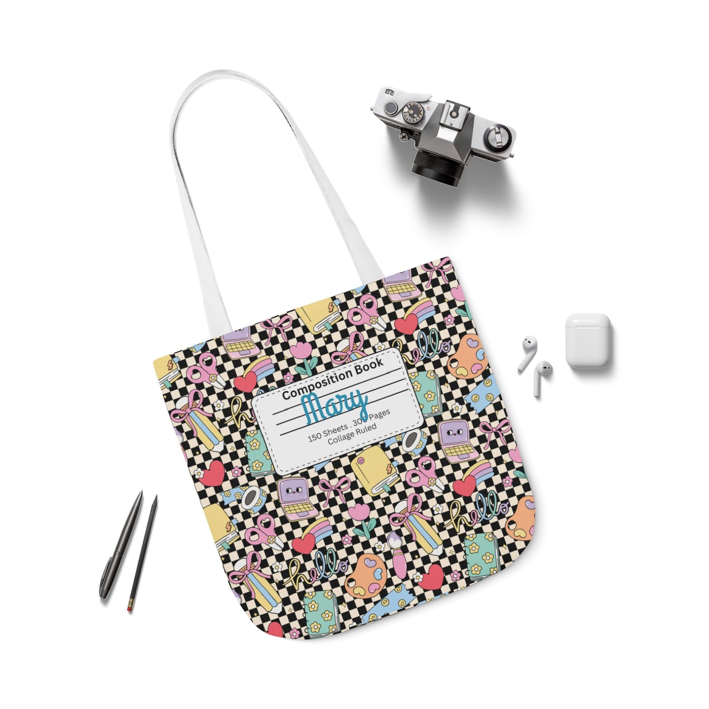 Personalized Black Doodle Daydream Composition Book Inspired Canvas Tote Bag with Colorful Straps, Cute School Bag, Eco-Friendly Tote, Back to School Shopping Bag, Teacher Gift Idea