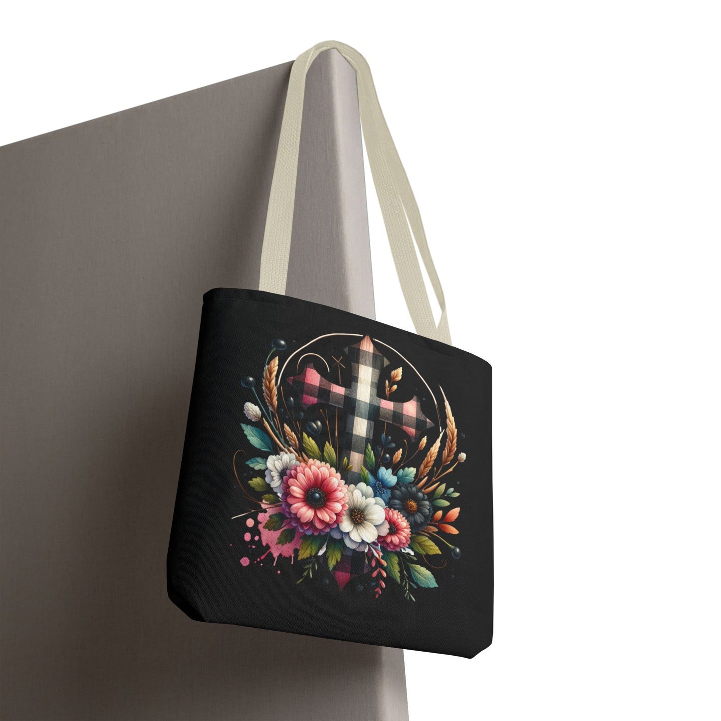 Faith and Floral Cross Heart Tote Bag