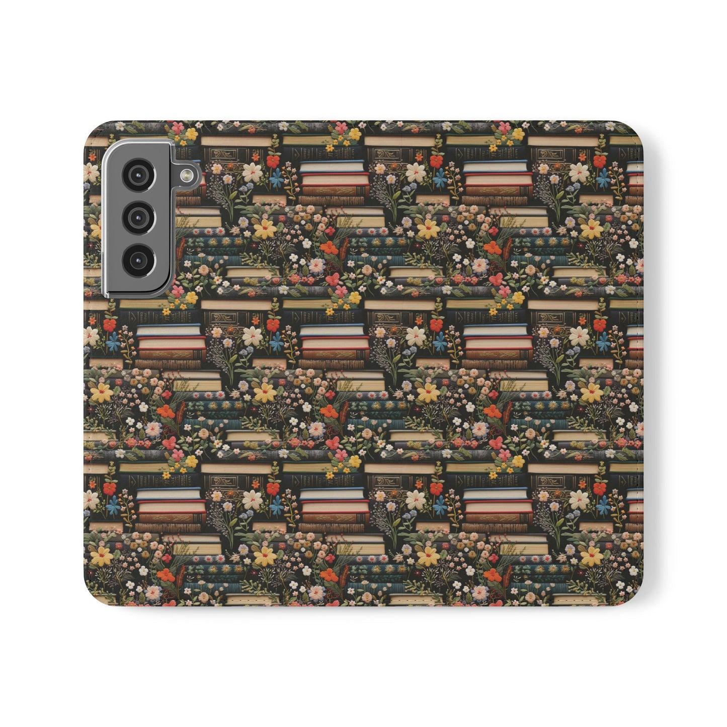 Book Stack Floral Flip iPhone and Samsung Phone Case — Vintage Library Wallet Cover.