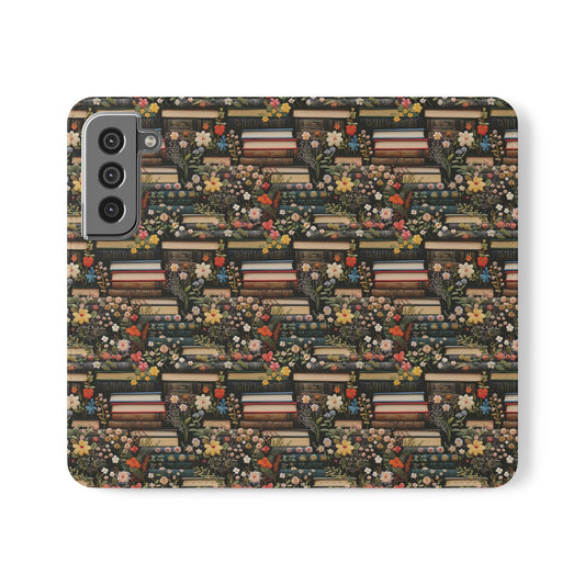 Book Stack Floral Flip iPhone and Samsung Phone Case — Vintage Library Wallet Cover.