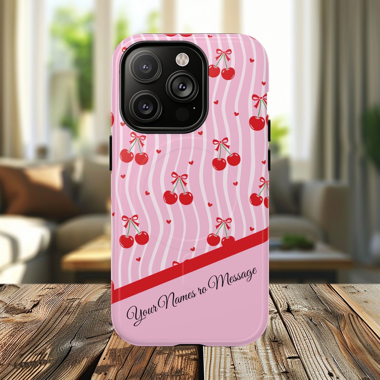Personalized Cherry Blossom Dreams Tough Magnetic MagSafe® iPhone® 13, 14, 15, 16, 17, Pro, Pro Max, Plus Cases.— Pink Retro (Custom Name)
