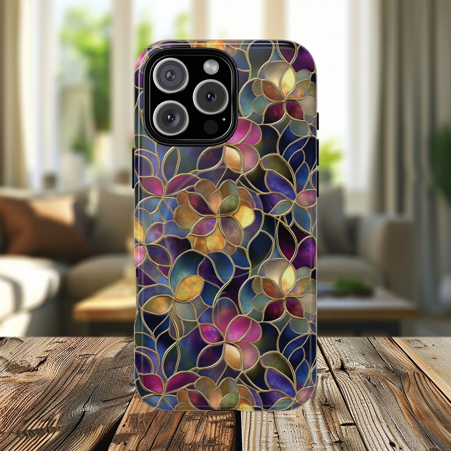 Chromatic Bloom Tough iPhone Magnetic Case, Tough iPhone Cover, Floral iPhone Accessory, Birthday Gift, Elegant Tech Decor, MagSafe Stained Glass Pattern.