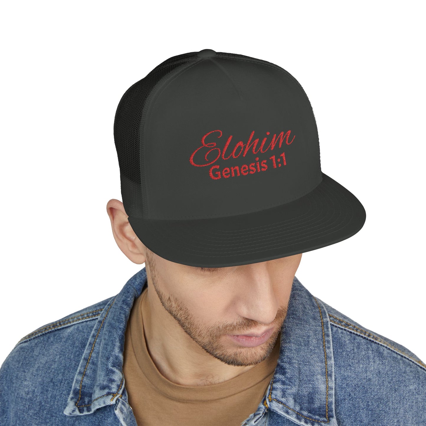 Red 'ELOHIM, GENESIS 1:1'  Embroidered 5 Panel Trucker Cap | Casual Style Hat, Adjustable, Unisex, Perfect Gift for Outdoors, Festivals, Daily Wear