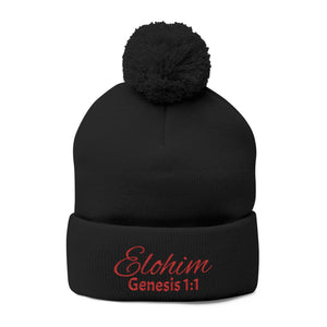 Red Pom-Pom Knit Cap with 'ELOHIM, GENESIS 1:1'  Embroidery Beanie - Stylish Winter Accessory for All Ages, Perfect Gift for Birthdays, Holidays, and Outdoor Activities