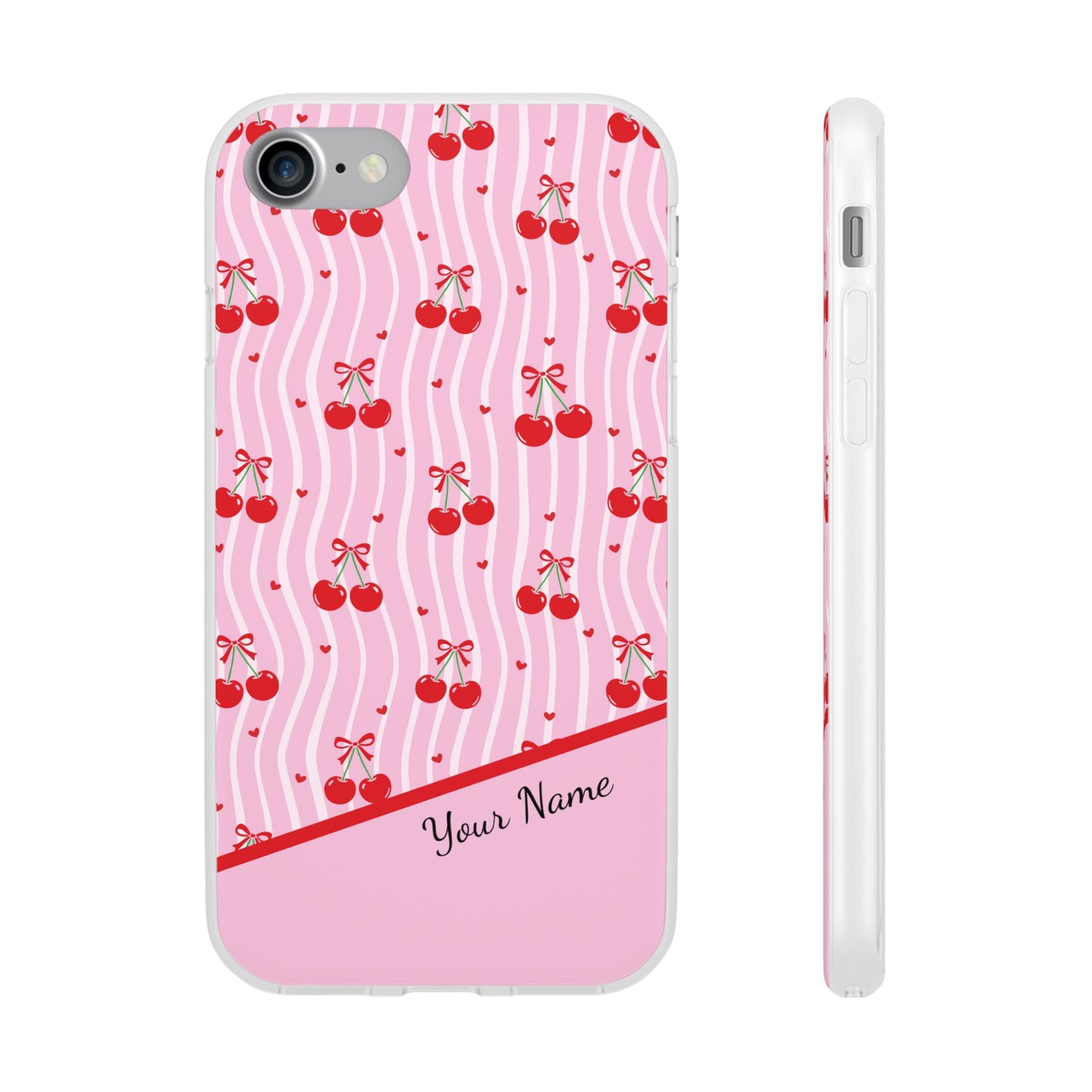 Personalized Cherry Blossom Dreams Flexi Case — Pink Retro Cherry iPhone® 7/8, 11, 12, 13, 14, 15, 16, 17, X/XS, SE, XR, Mini, Pro, Pro Max, Plus Cases.
