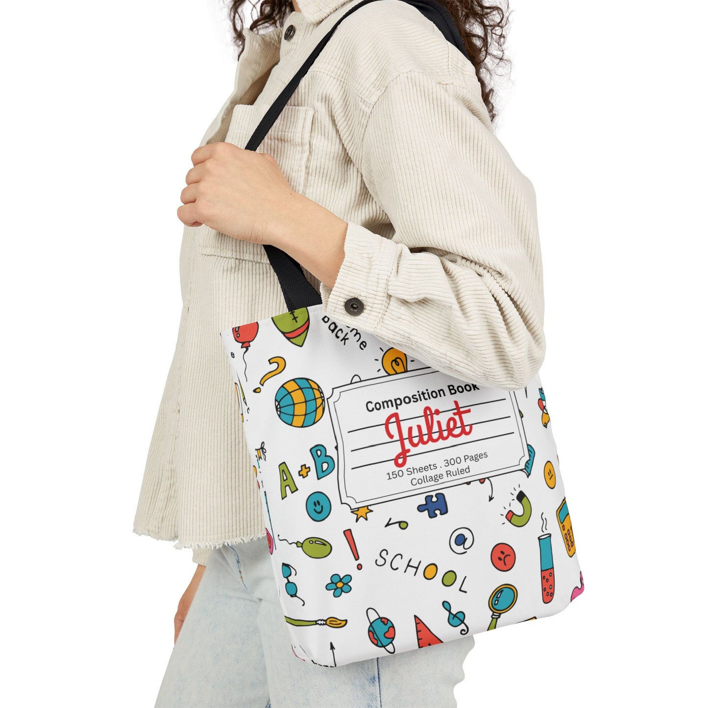 Personalized Classroom Couture Composition Book Inspired Canvas Tote Bag with Colorful Straps, Cute School Bag, Eco-Friendly Tote, Back to School Shopping Bag, Teacher Gift Idea