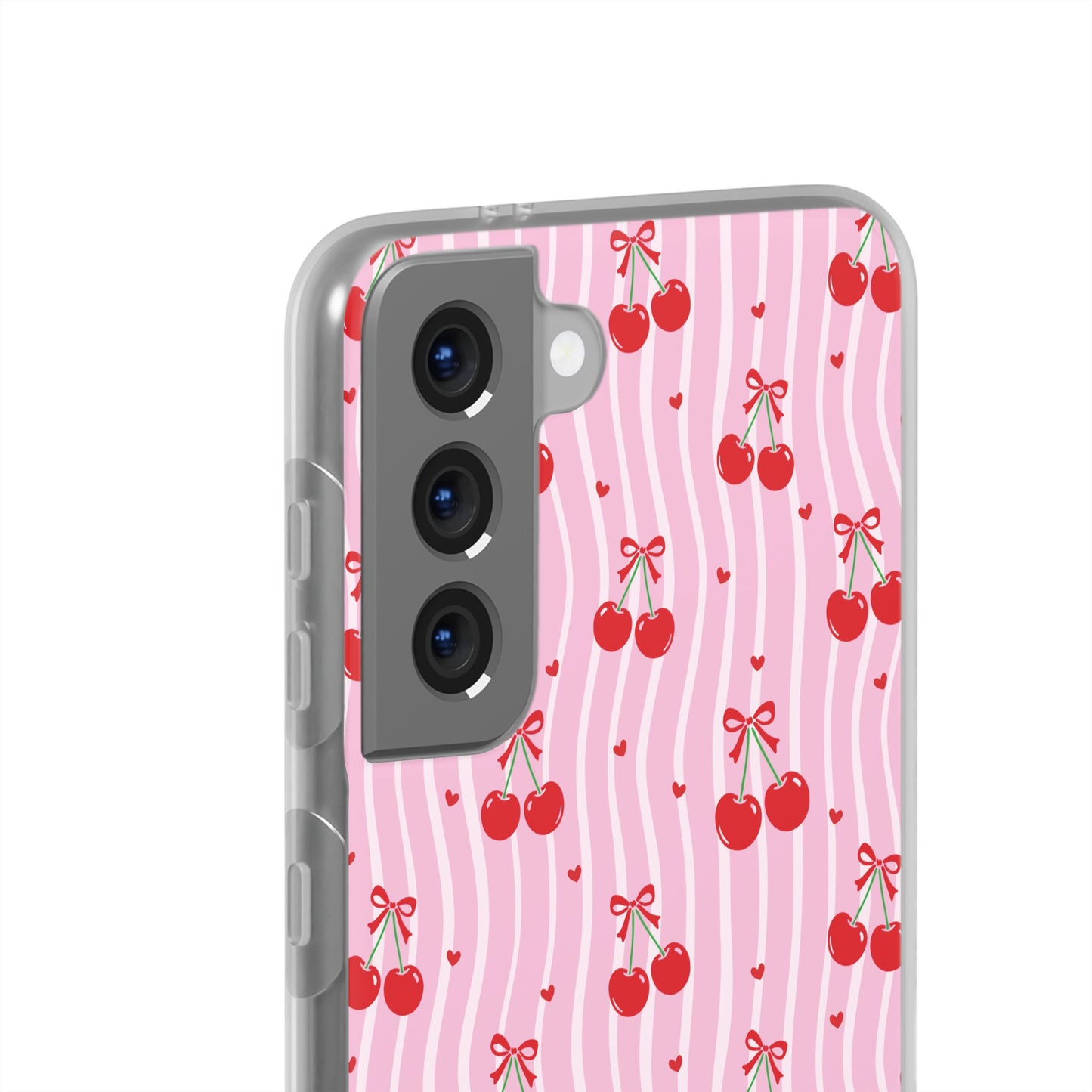 Personalized Cherry Blossom Dreams Flexi Case — Pink Retro Cherry iPhone® 7/8, 11, 12, 13, 14, 15, 16, 17, X/XS, SE, XR, Mini, Pro, Pro Max, Plus Cases.