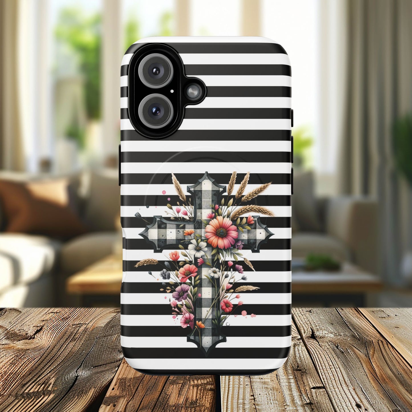 Grace in Bloom Tough Magnetic iPhone Case with Floral Cross Design, Boho iPhone Cover, Striped iPhone Case, Unique Religious Gift, Trendy Cell iPhone Accessory.