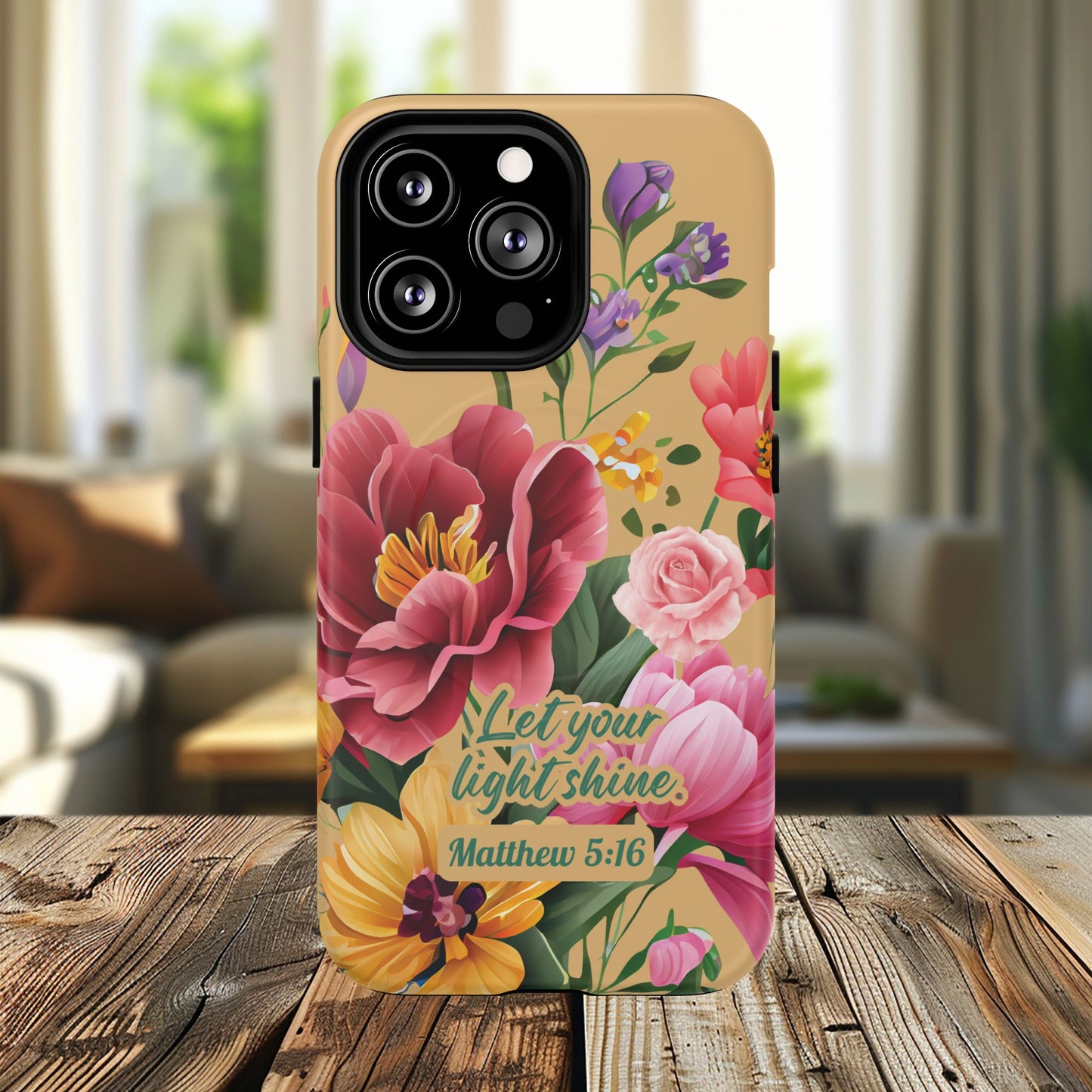 Let your Light Shine Matthew 5:16, Inspirational Gift, Tough iPhone Magnetic Case Scripture, Floral Bible Verse, MagSafe® iPhone® Tough Case, iPhone 14, iPhone 15, iPhone 16, Pro, Pro Max, Plus.