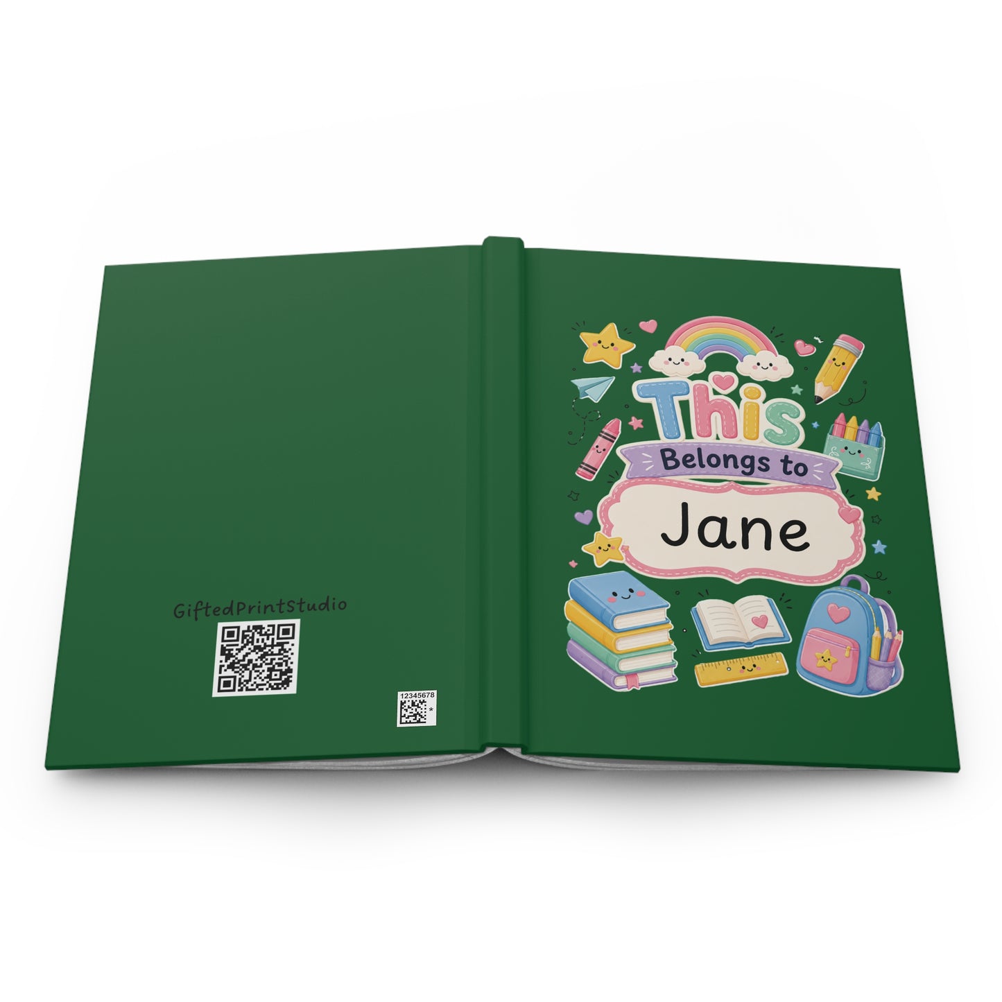 Personalized Kids Green Hardcover Notebook — "This Belongs to [Name]" Cute School Notebook/Back to School