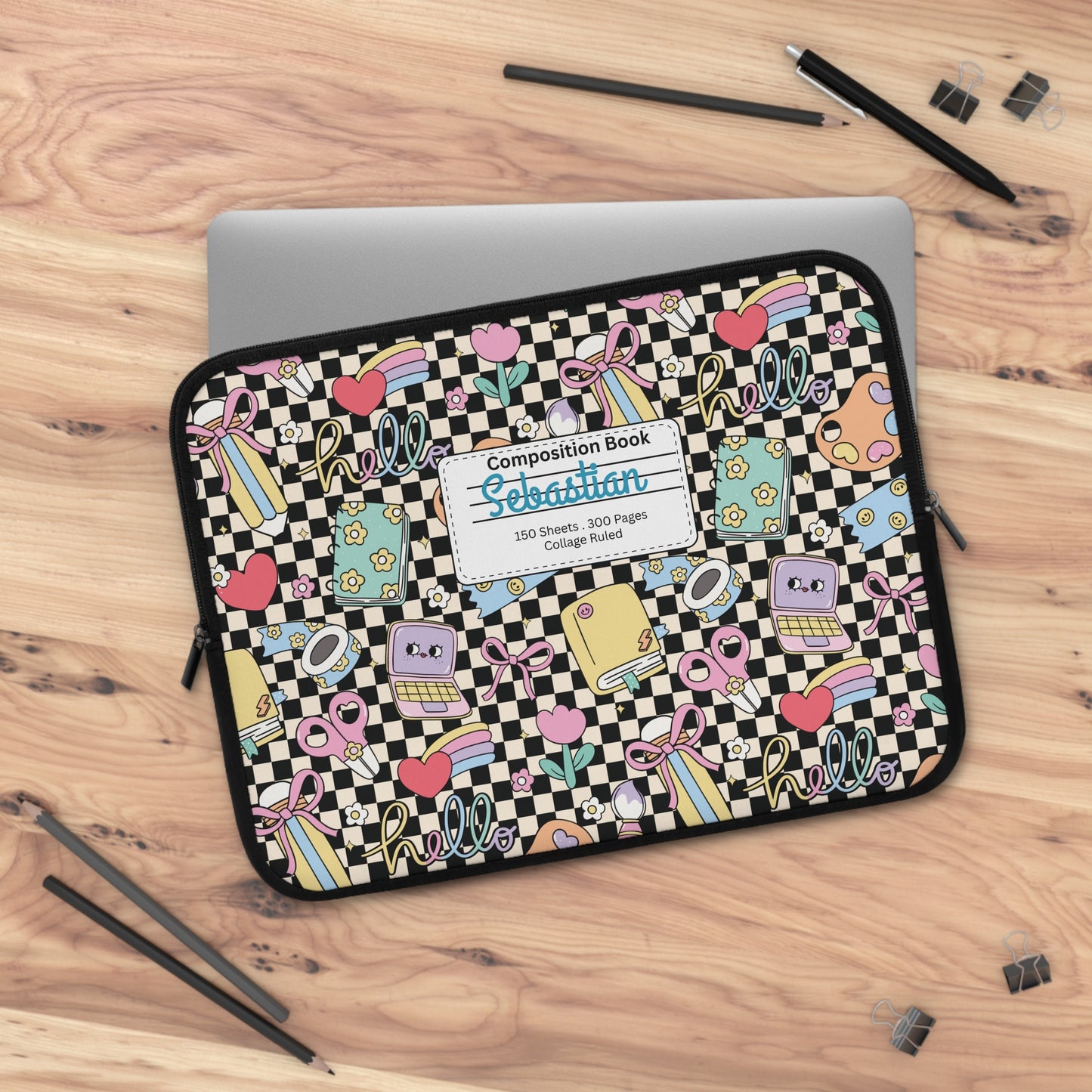 Personalized Black Doodle Daydream Laptop Sleeve with Composition Book Inspired Design, Customizable Tech Case, School Supplies, Gift for Students, College Essentials, Back to School