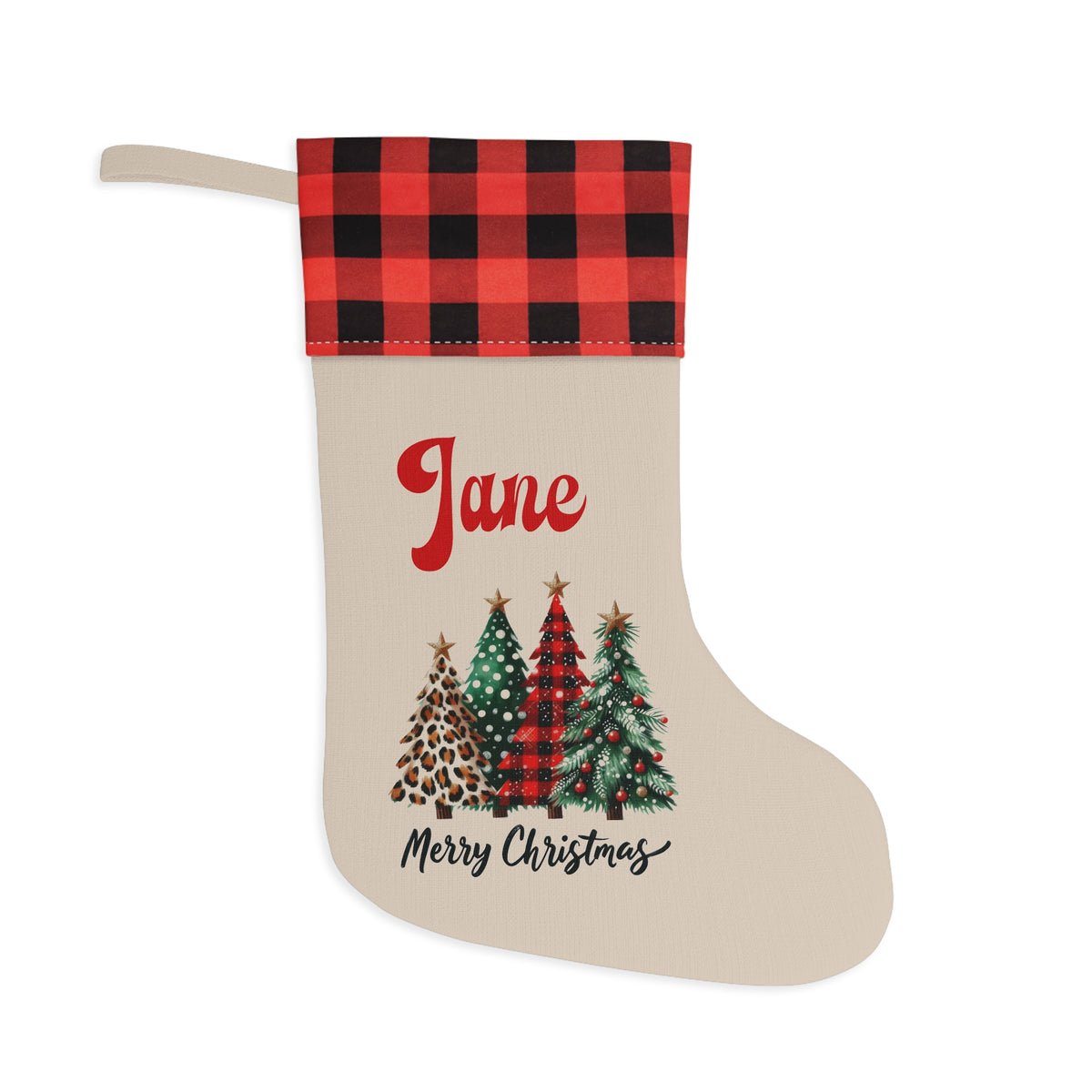 Personalized Buffalo Plaid Christmas Stocking – Custom Name with Festive Tree Design