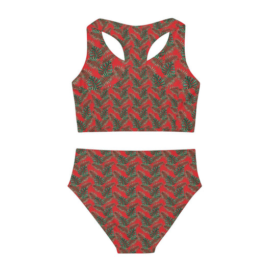 Red Tropical Bliss Girls Two Piece Swimsuit (AOP)- (PY)