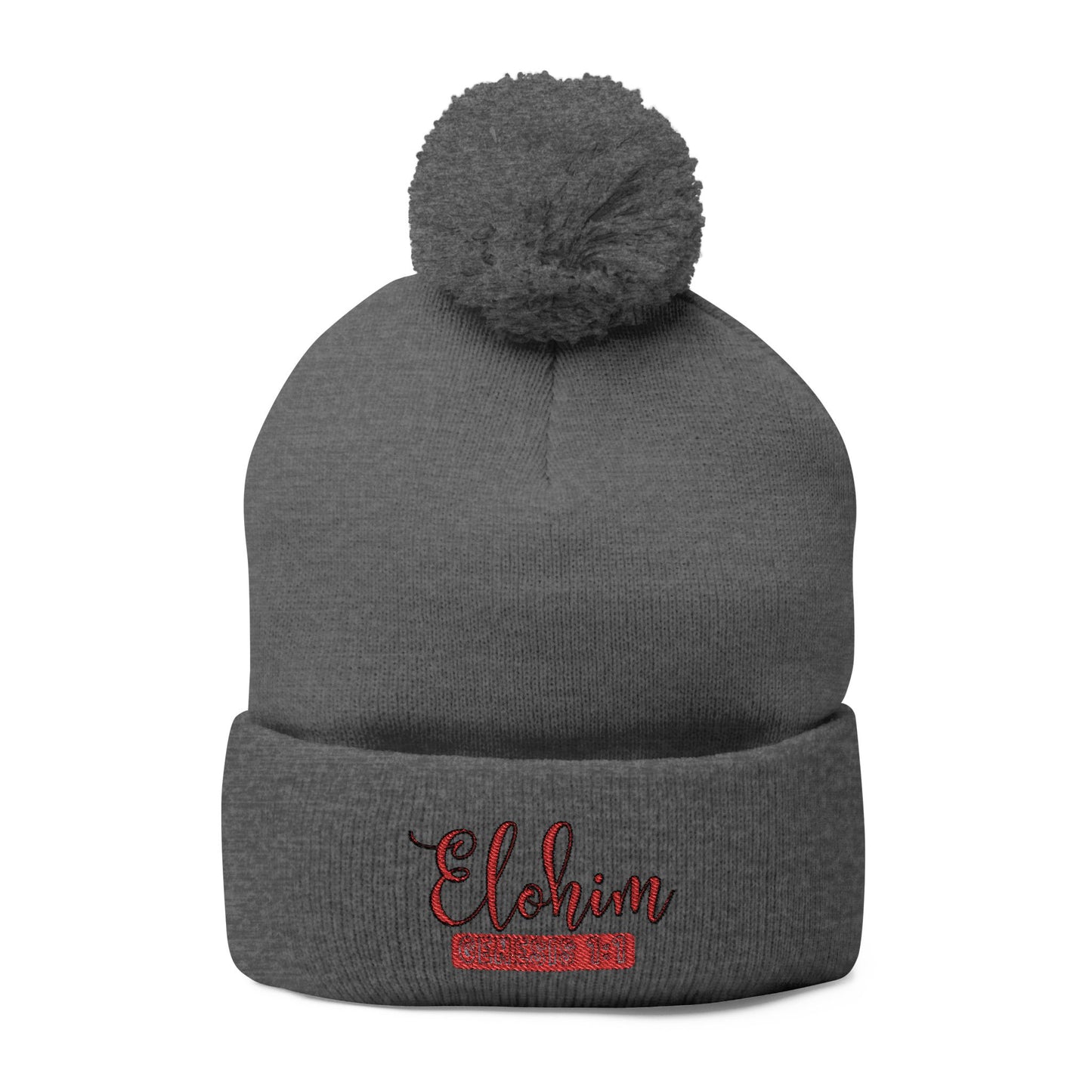 Red Pom-Pom Knit Cap with 'ELOHIM, GENESIS 1:1'  Embroidery Beanie - Stylish Winter Accessory for All Ages, Perfect Gift for Birthdays, Holidays, and Outdoor Activities