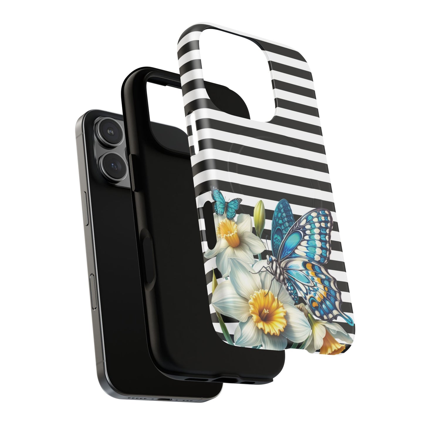 Daffodil Flutter Tough iPhone Magnetic Case, Floral iPhone Accessories, Stylish iPhone Cover, Black Striped Design, Gift for Her, Trendy iPhone