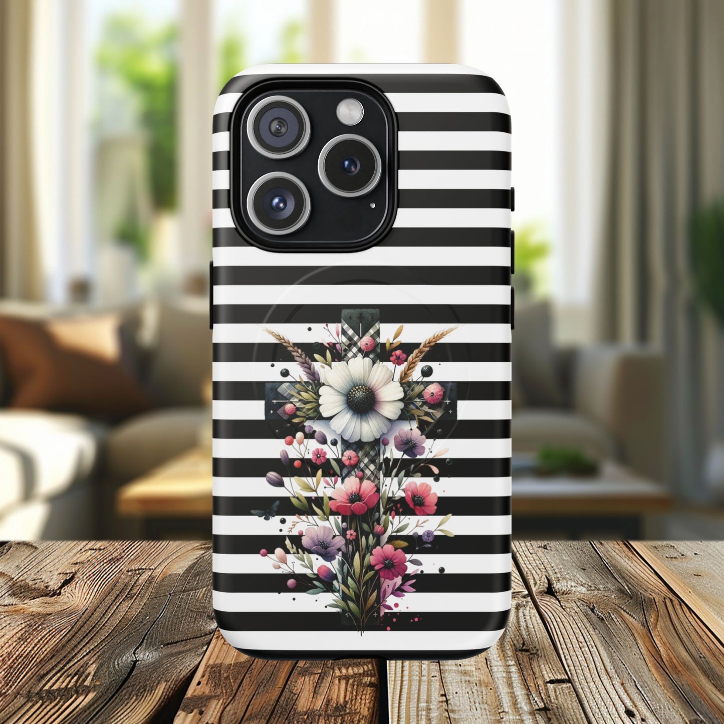 Faith in Bloom Tough iPhone Magnetic Case, iPhone Accessories, Floral iPhone Cover, Durable Cases for Gifts, Black and White Stripes