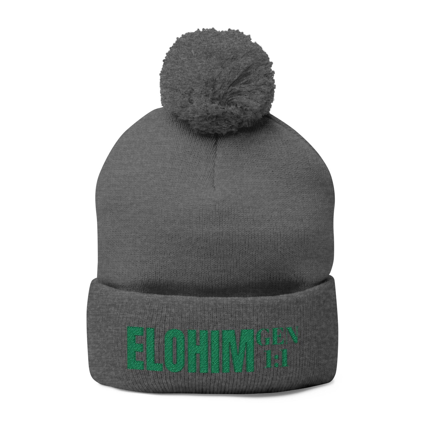 Pom-Pom Knit Cap with 'ELOHIM, GENESIS 1:1'  Embroidery Beanie - Stylish Winter Accessory for All Ages, Perfect Gift for Birthdays, Holidays, and Outdoor Activities