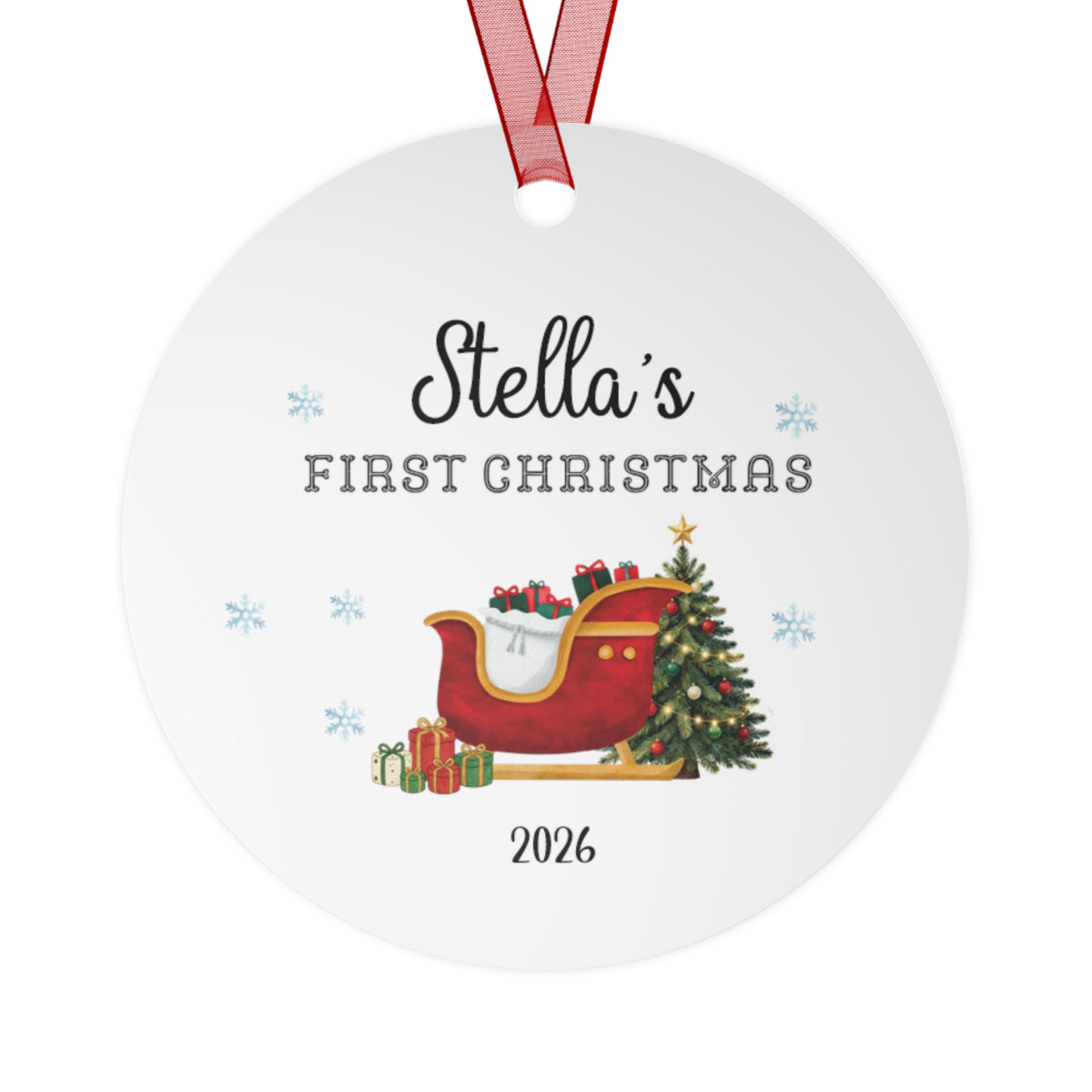 Personalized First Christmas Metal Ornament — Custom Name & Year, Sleigh and Tree Design
