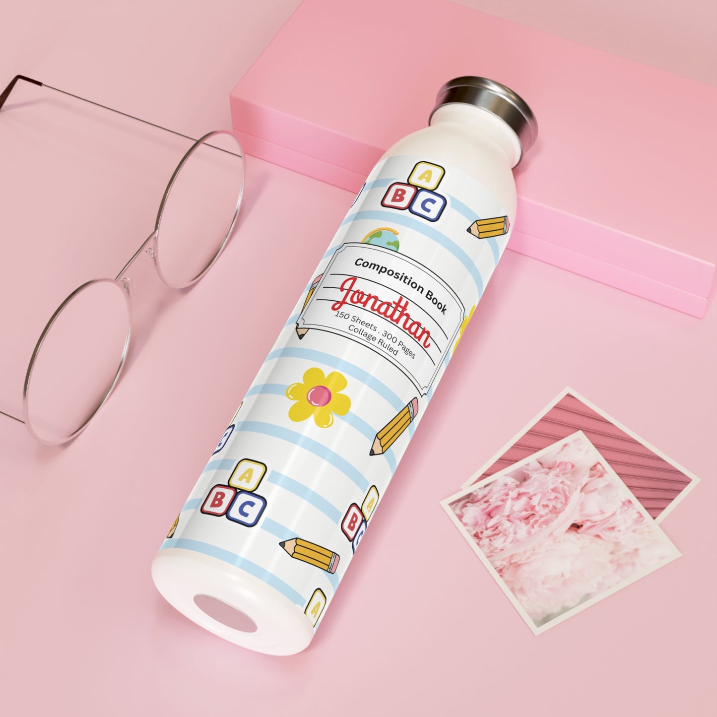 Personalized White SchoolYard Chic Composition Book Inspired Slim Water Bottle, Customizable Drinkware, Eco-Friendly Hydration Bottle, Perfect for Gifts, School Supplies, Back to School