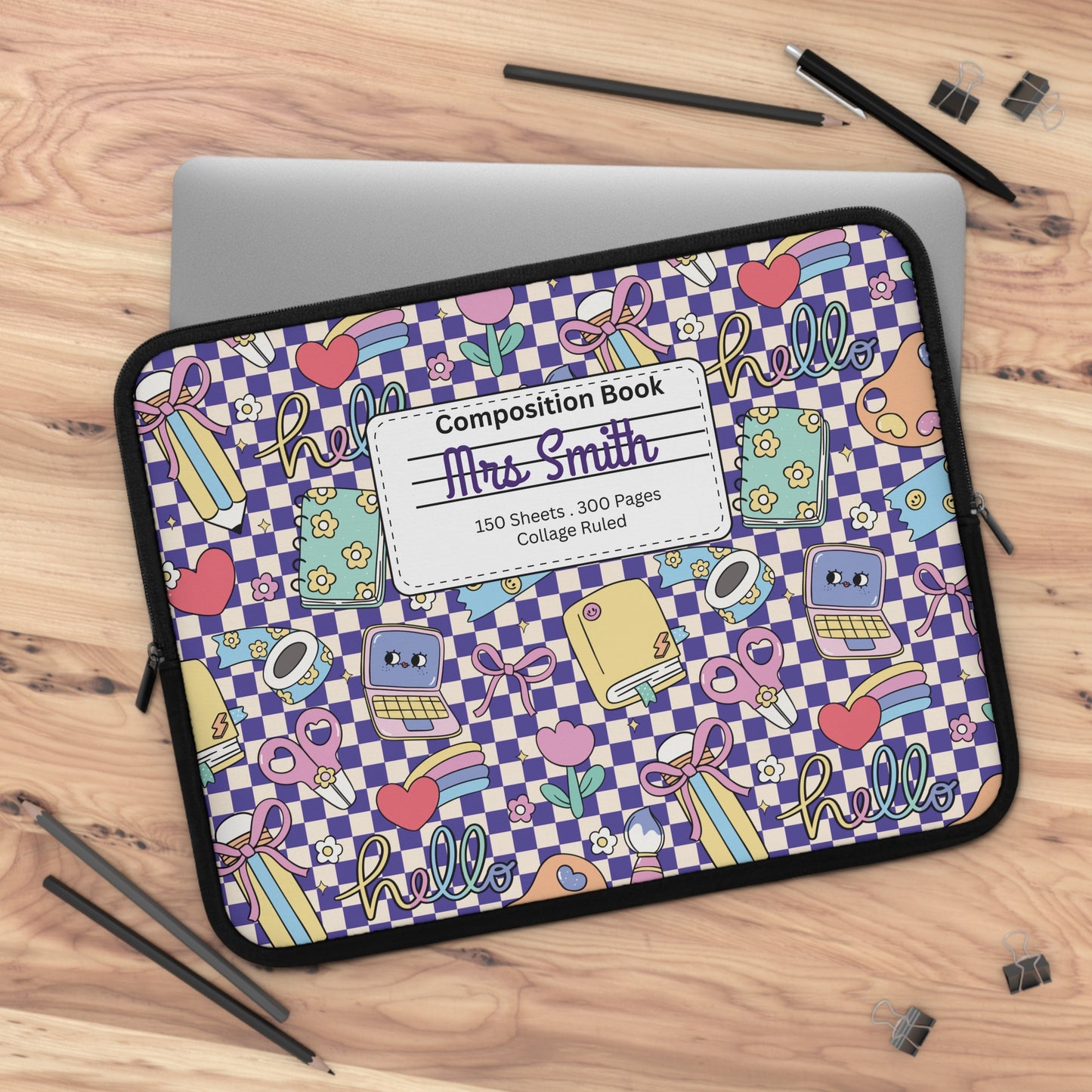 Personalized Purple Doodle Daydream Laptop Sleeve with Composition Book Inspired Design, Customizable Tech Case, School Supplies, Gift for Students, College Essentials, Back to School