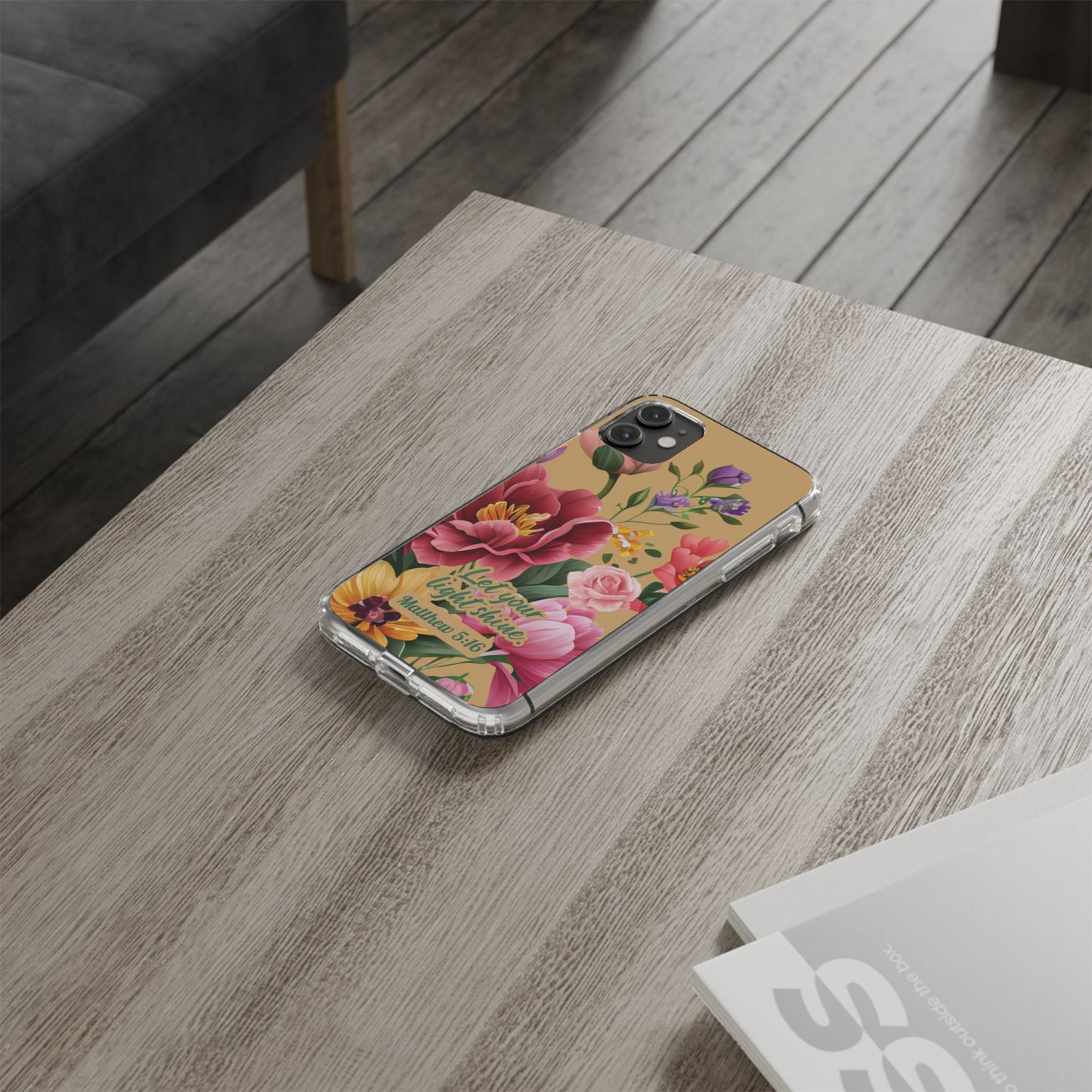 Clear Floral Bible Verse Phone Case — "Let Your Light Shine" (Matthew 5:16) for iPhone and Samsung Cases.