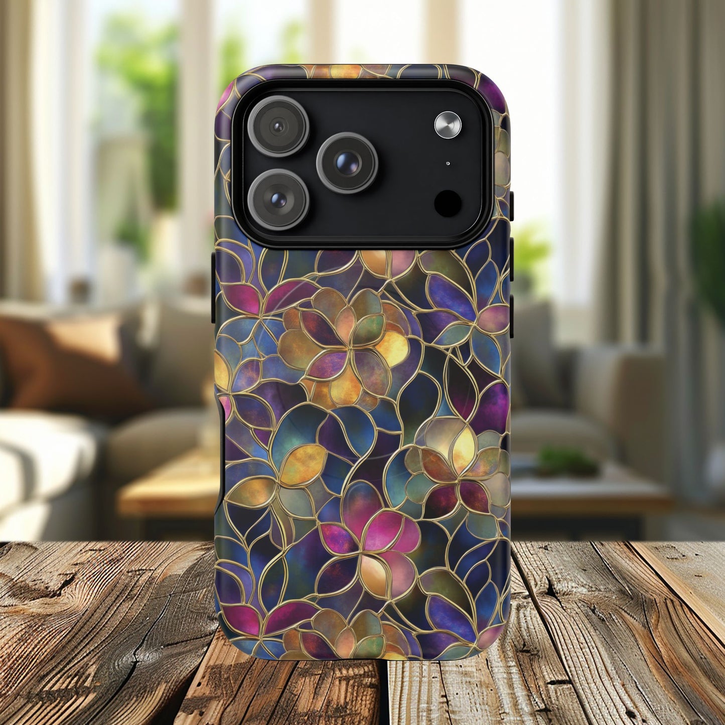 Chromatic Bloom Tough iPhone Magnetic Case, Tough iPhone Cover, Floral iPhone Accessory, Birthday Gift, Elegant Tech Decor, MagSafe Stained Glass Pattern.