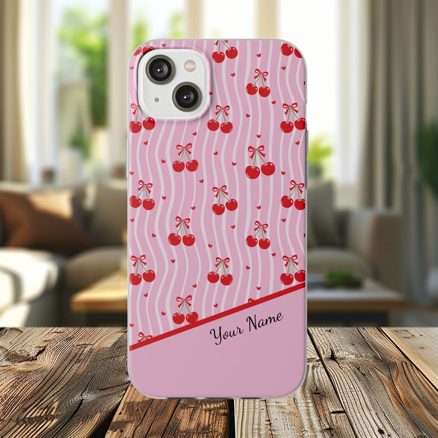 Personalized Cherry Blossom Dreams Flexi Case — Pink Retro Cherry iPhone® 7/8, 11, 12, 13, 14, 15, 16, 17, X/XS, SE, XR, Mini, Pro, Pro Max, Plus Cases.