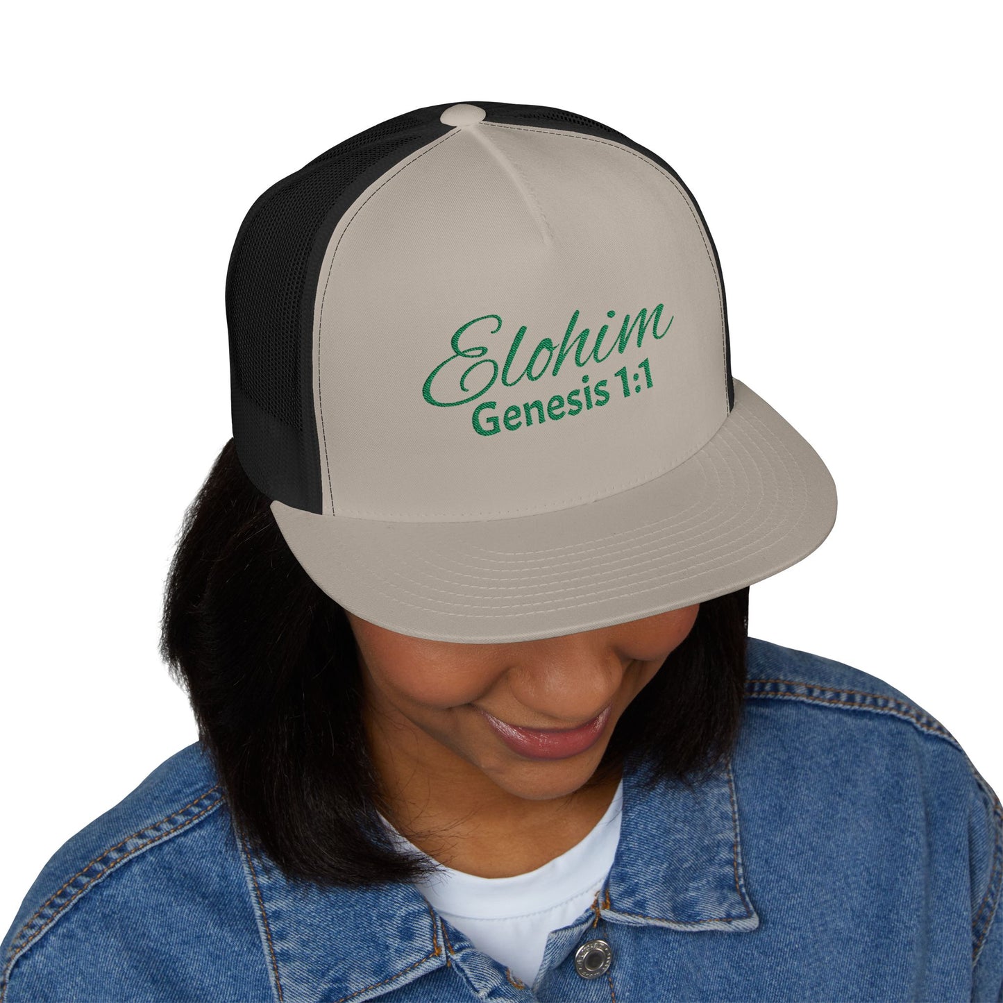 Green 'ELOHIM, GENESIS 1:1'  Embroidered 5 Panel Trucker Cap | Casual Style Hat, Adjustable, Unisex, Perfect Gift for Outdoors, Festivals, Daily Wear