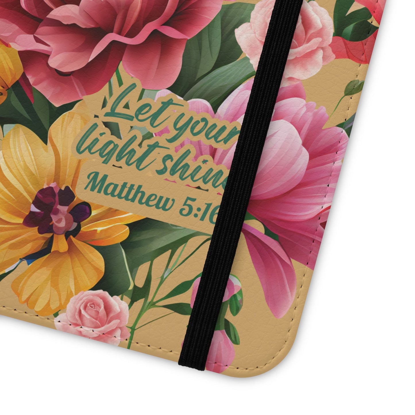 Floral Scripture Flip Case — "Let Your Light Shine" Wallet Phone Cover (Matthew 5:16)