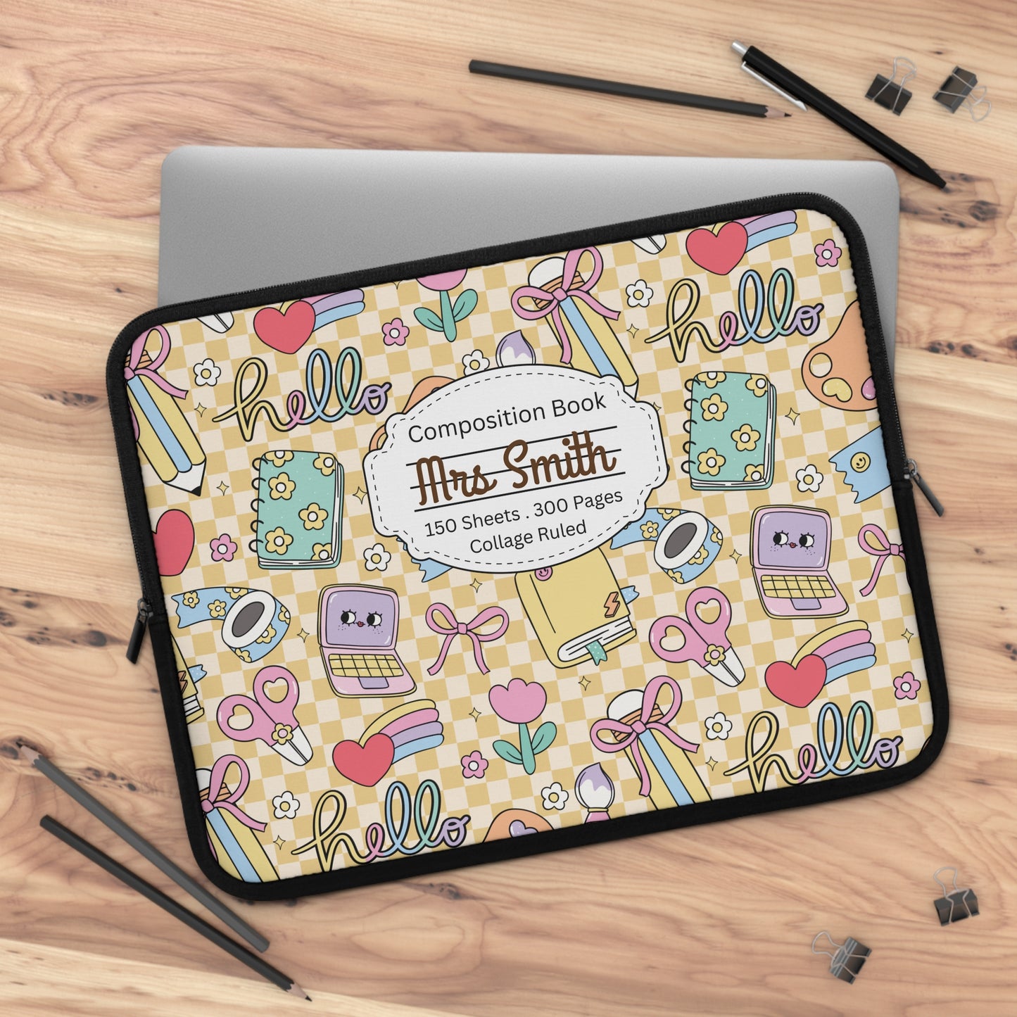 Personalized Doodle Daydream Laptop Sleeve with Composition Book Inspired Design, Customizable Tech Case, School Supplies, Gift for Students, College Essentials, Back to School