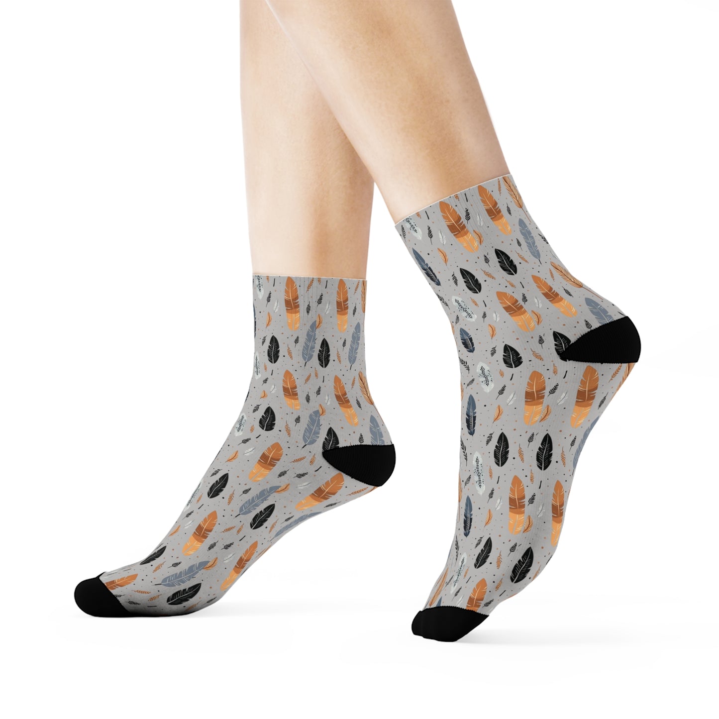 Whispering Feathers Grey Crew Socks - Soft & Elastic Polyester/Spandex Blend - One Size Fits All