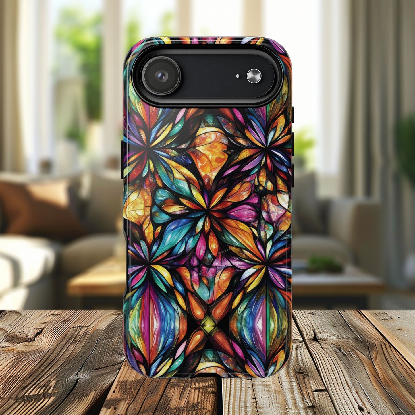 Luminous Whirl Tough Magnetic iPhone Cases, Vibrant Protection, Unique Floral Print, Durable Cover, Gift for Tech Lovers, iPhone Accessory, Stained Glass iPhone Design.