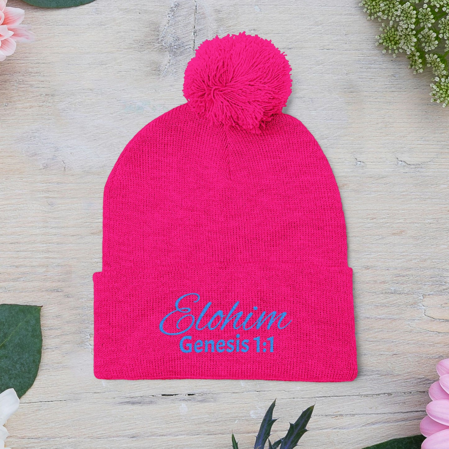 Pom-Pom Knit Cap with 'ELOHIM, GENESIS 1:1'  Embroidery Beanie - Stylish Winter Accessory for All Ages, Perfect Gift for Birthdays, Holidays, and Outdoor Activities