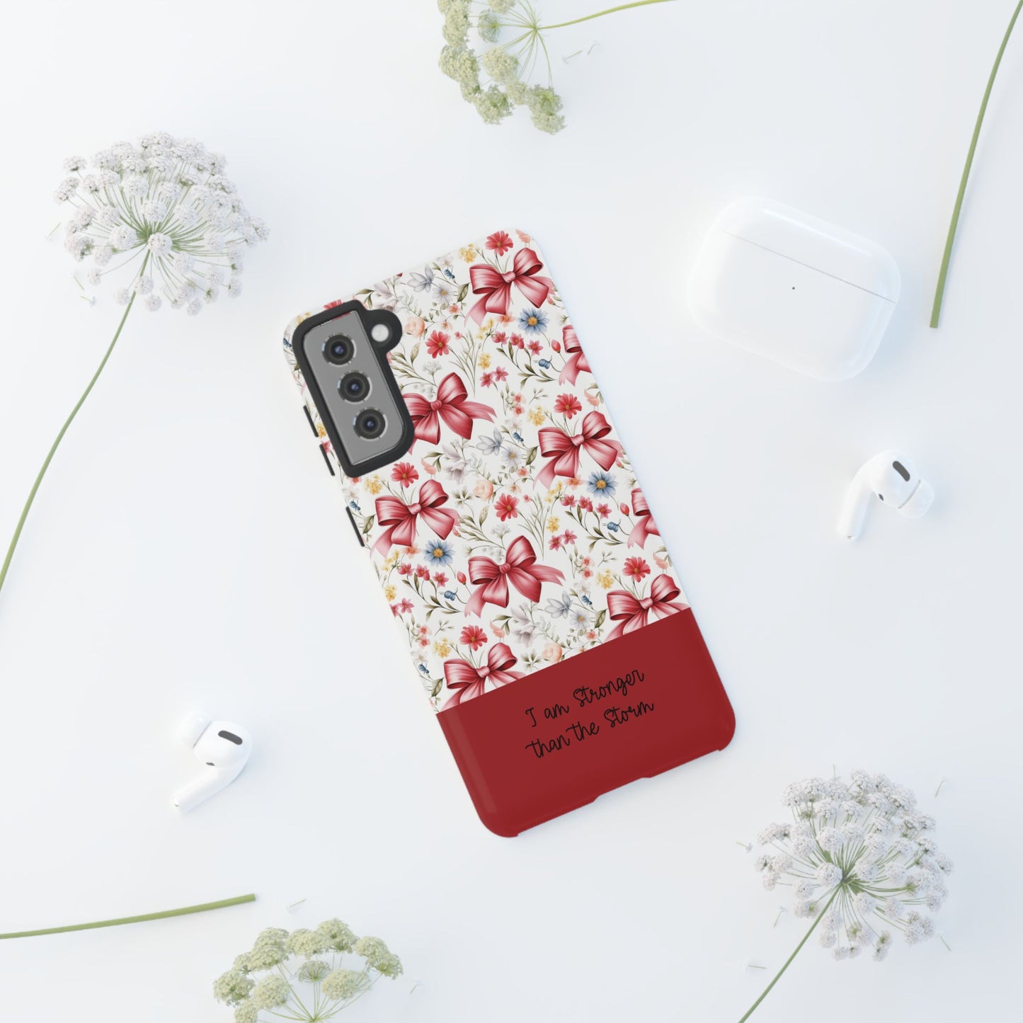 Personalized Rosette Coquette Phone Case - Custom Name/Message 'I Am Stronger Than The Storm' Floral Bow Protective Case