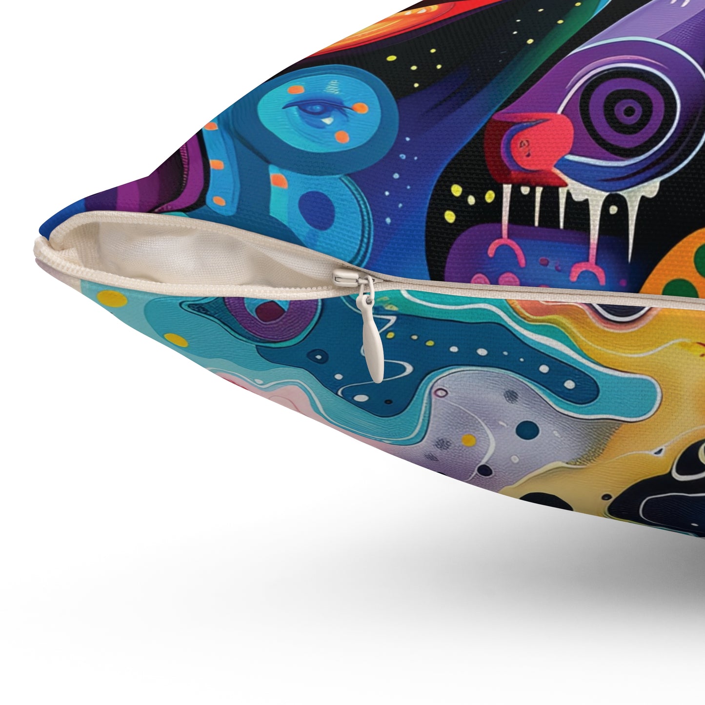 Psychedelic Visions Colorful Artistic Square Pillow | Vibrant Abstract Faces & Patterns Decor.