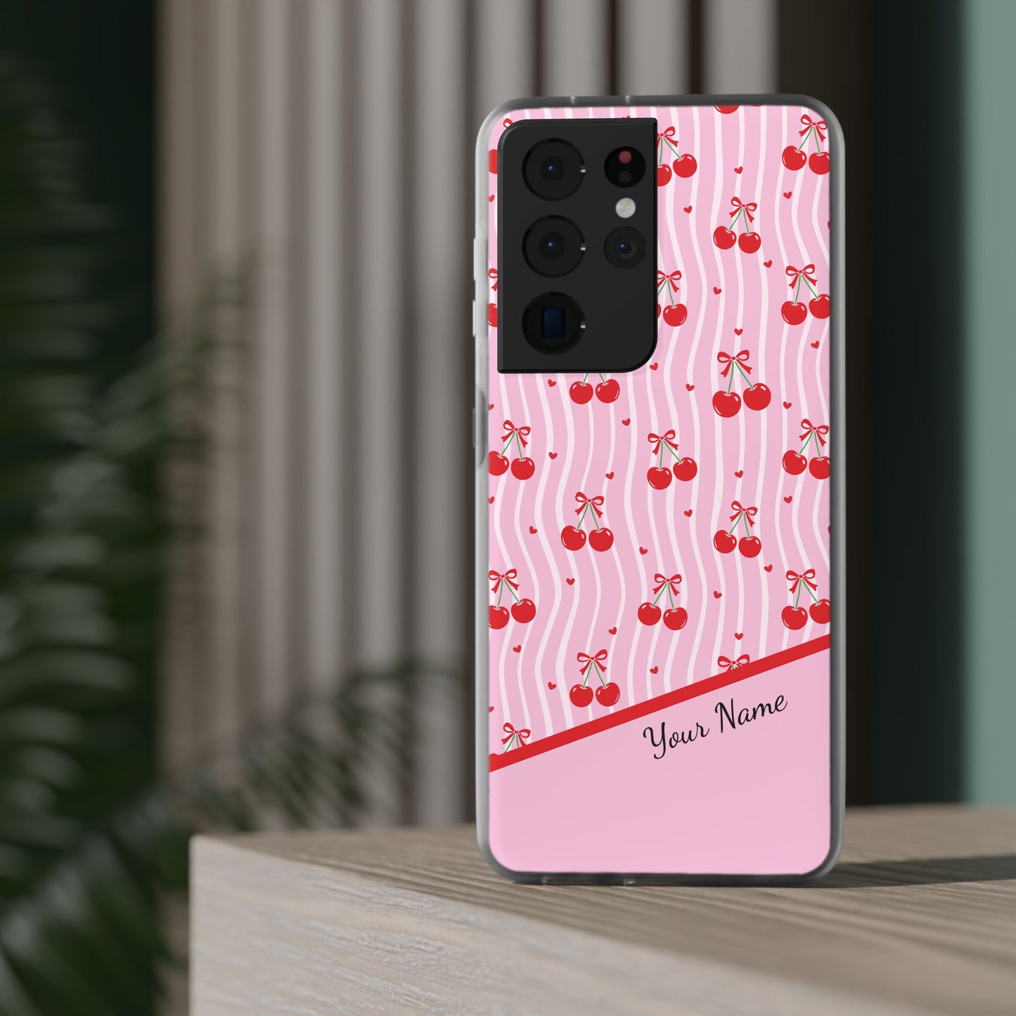 Personalized Cherry Blossom Dreams Flexi Case — Pink Retro Cherry iPhone® 7/8, 11, 12, 13, 14, 15, 16, 17, X/XS, SE, XR, Mini, Pro, Pro Max, Plus Cases.