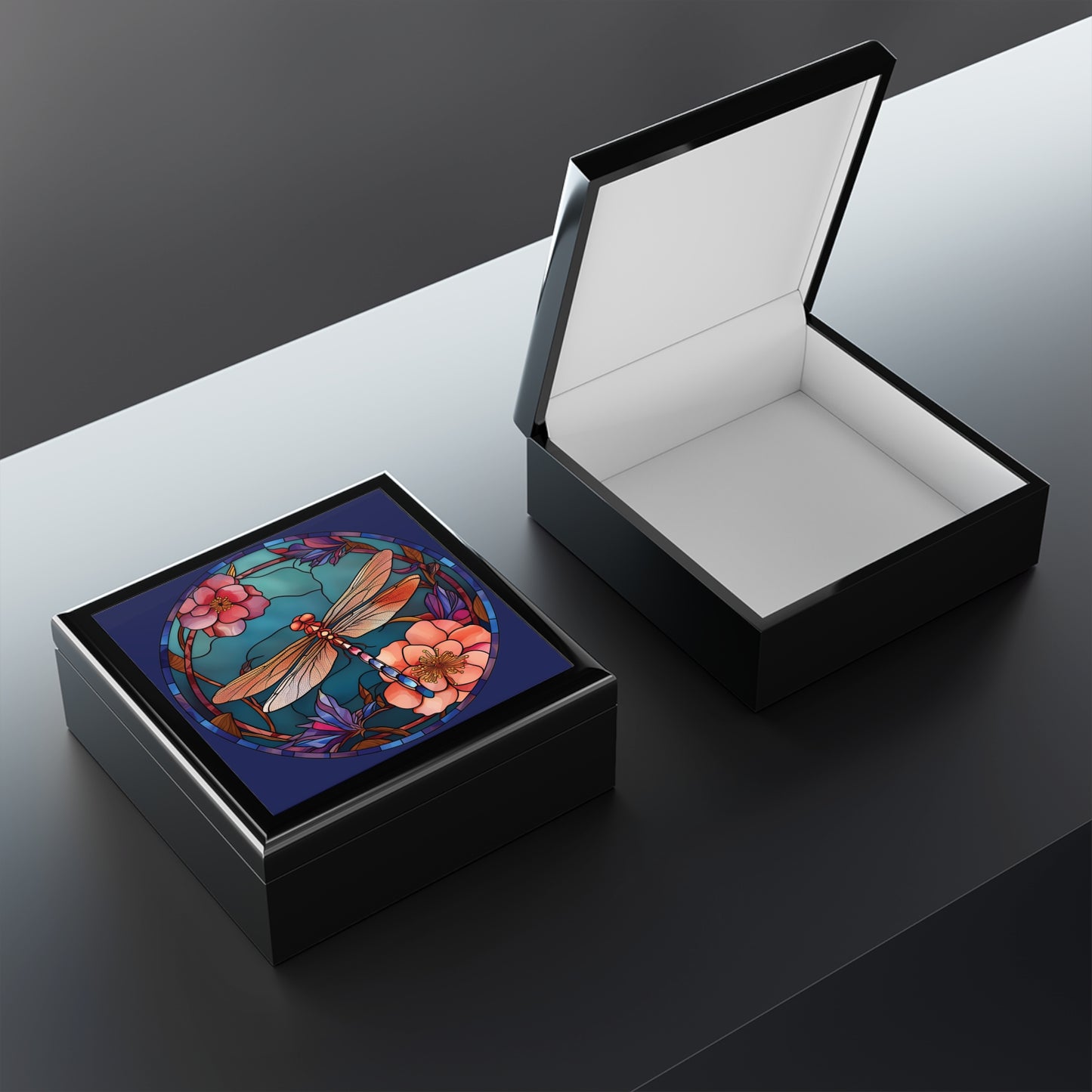 Dragonfly Stained Glass Jewelry Box — Floral Keepsake Storage