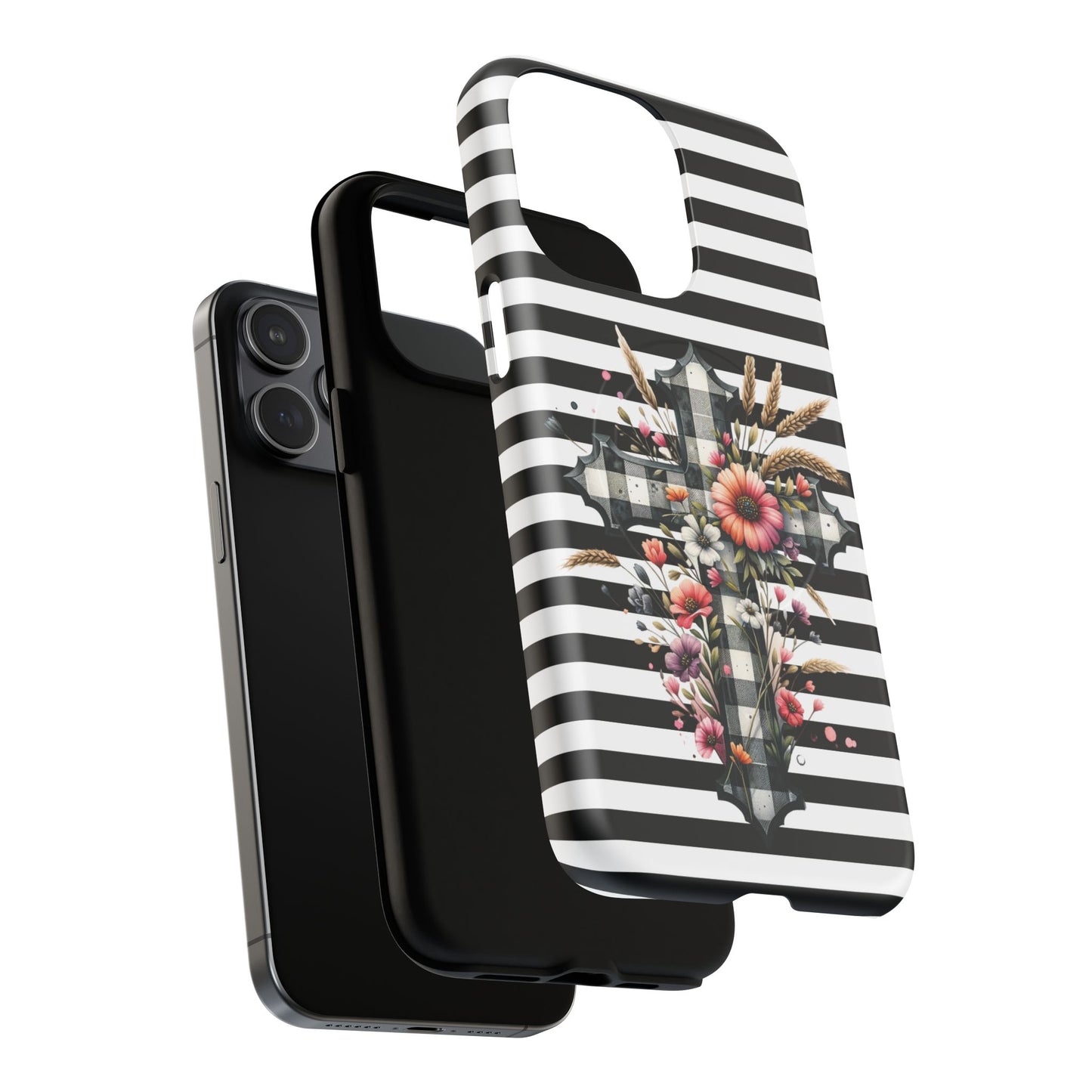 Grace in Bloom Tough Magnetic iPhone Case with Floral Cross Design, Boho iPhone Cover, Striped iPhone Case, Unique Religious Gift, Trendy Cell iPhone Accessory.